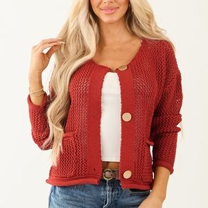 Entro Brick Red Open Knit Cardigan – Gold Buttons – NWT – Size Large